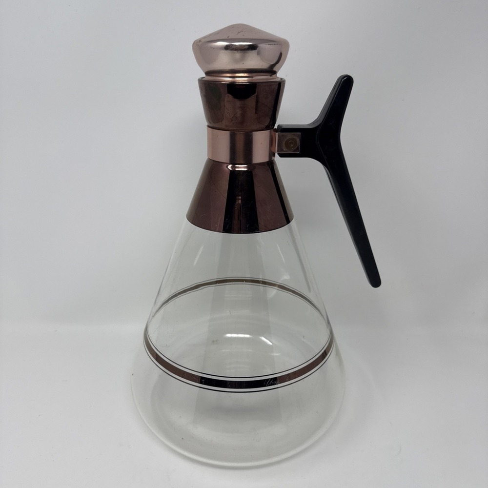 Vintage MCM Atomic 1960s Inland Glass Coffee Carafe Stripes Rose Bronze Copper
